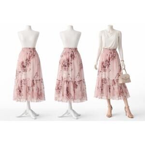 Women’s Blush Pink Floral Midi Skirt Size L Tiered Chiffon Boho Lightweight Flow